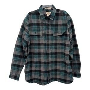 LL Bean Mens Flannel Shirt Large Green Gray Plaid Cotton Chamois Pockets Outdoor